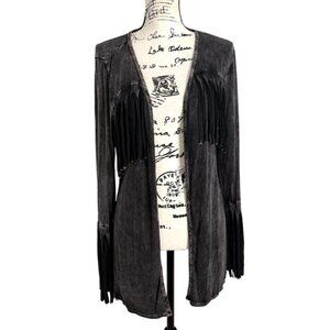 T Party Open Front Cardigan Fringe Washed Black Long Sleeve Womens Size M NEW